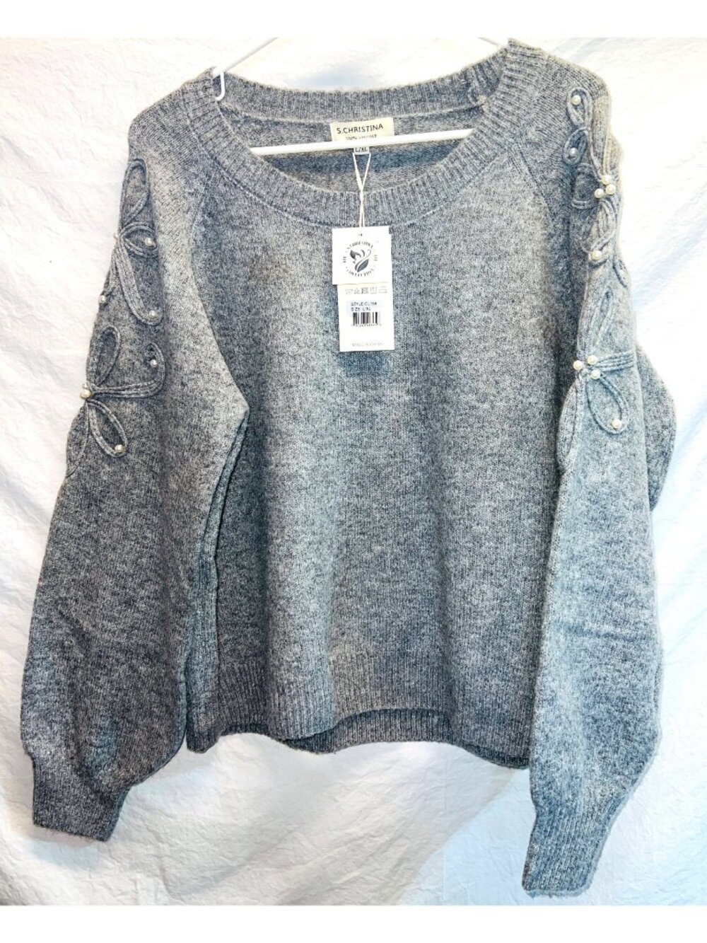 New S. Christina Gray Sweater w Pearl Accents On Long Sleeves L/XL 100% Viscose